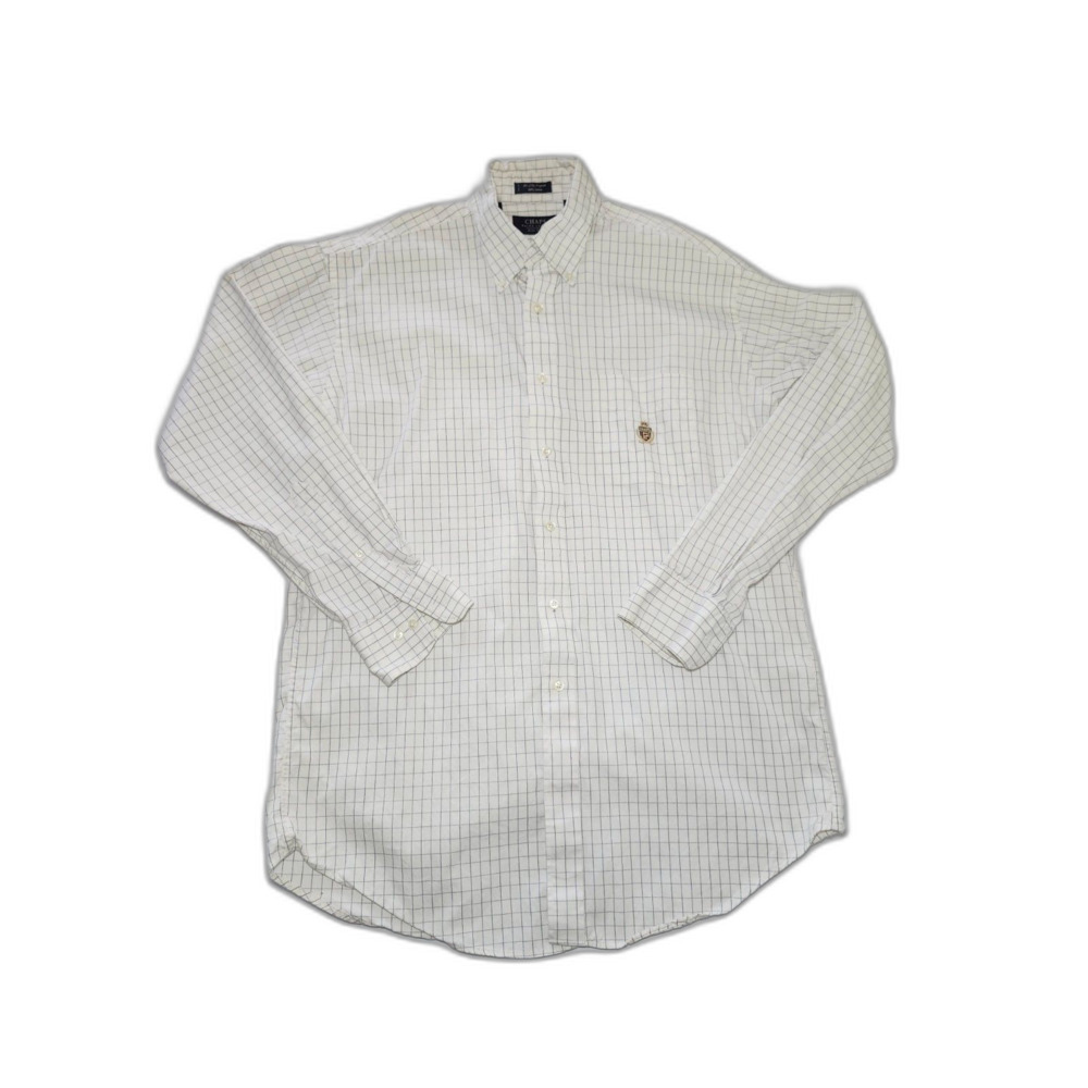 Chaps Dress Shirt White Blue Size 16 34/35 Cotton Button Down Preppy Crest Logo